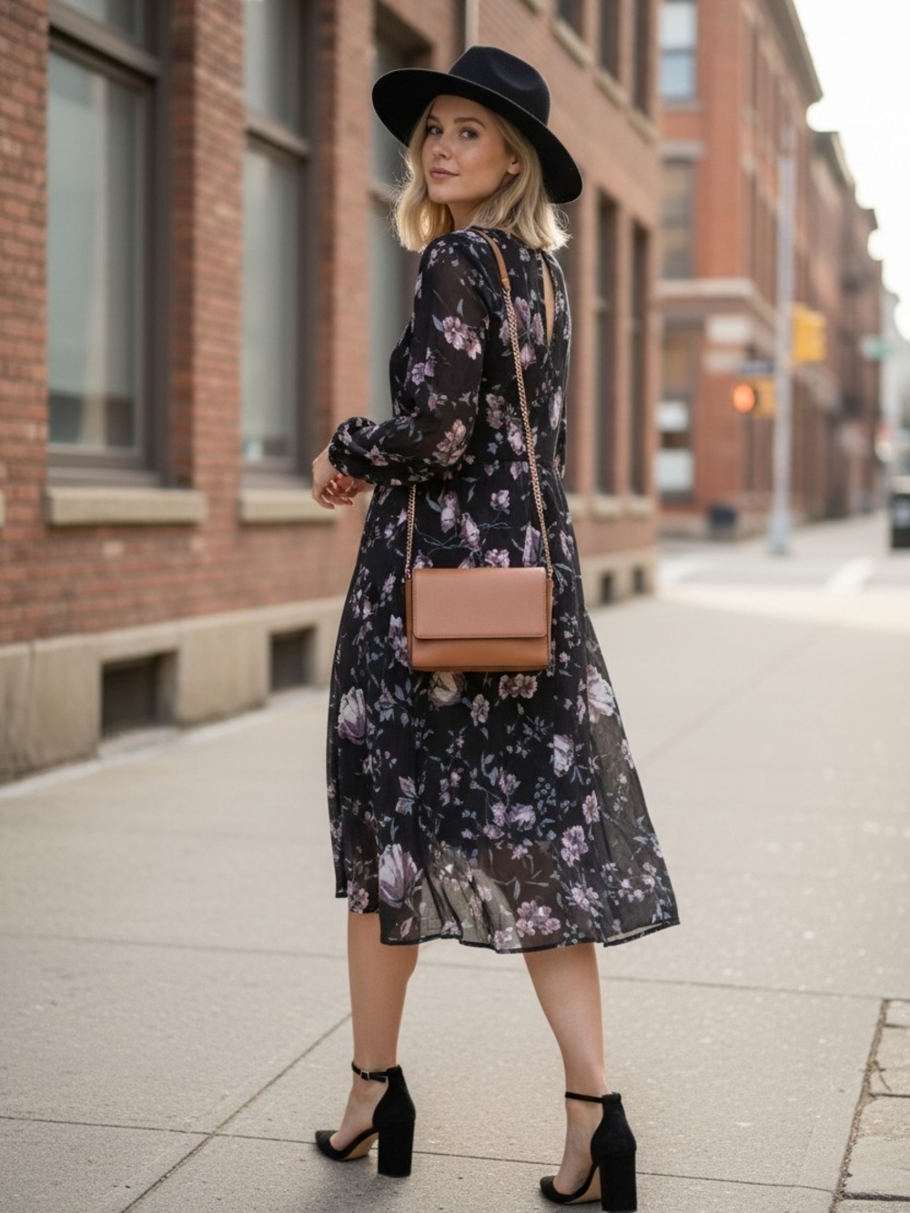 Kendall & Kylie Black Floral Midi Dress with Pink Accents Womems Size Small Cute